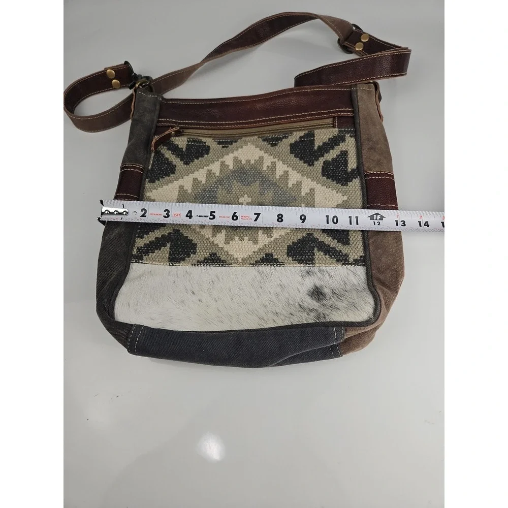 Myra Crossody Bag Southwest Print Woven‎ Leather Cowhide Accent Grey Brown White
